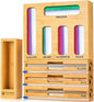 Bamboo Kitchen Drawer Organizer with Foil and Plastic Wrap Cutter, 9-in-1 Storage Bag and Wrap Dispenser for Gallon, Quart, Sandwich and Snack Sizes - PuriLite