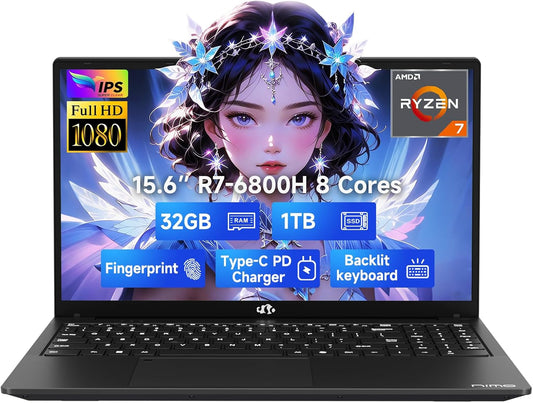 NIMO 15.6" FHD Gaming-Laptop, 8 Cores AMD Ryzen 7 6800H 32GB DDR5 RAM 1TB SSD (Beat Intel i7-12700H, Up to 4.7GHz) AMD Radeon 680M GPU, IPS Computer with 100W Type-C Backlit Keyboard