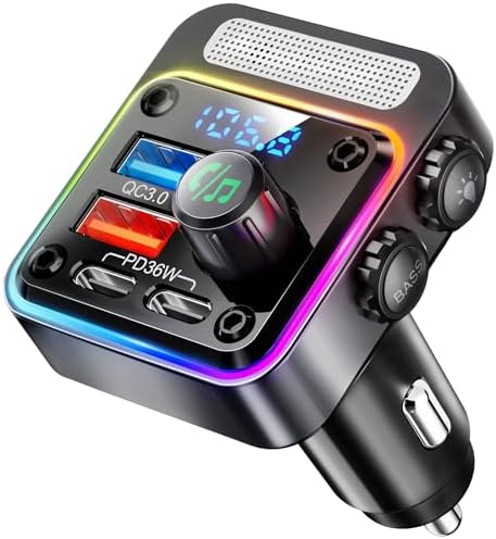 Nulaxy 54W [PD 36W & QC3.0 18W] Bluetooth 5.3 Car Adapter with 4 Charging Ports, Wireless Radio FM Transmitter Audio Receiver with Deep Bass MP3 Music Player, 5 Colors LED Backlit, Hands-Free Calling