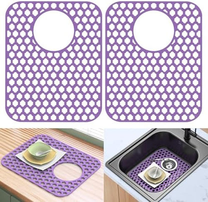 BEHOK 2 Pack Silicone Sink Protector for Kitchen Sink Bathroom Sink 13.58"x 11.6" Sink Mat, Non-Slip and Durable Silicone Sink Grid, Rear Drain (Gray)