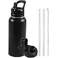 FineDine Water Bottle - Stainless Steel Insulated Water Bottle with Straw Lid, Flip Lid & Wide-Mouth Cap - Keeps Hot and Cold - 25 Oz / 739ml - Pure Pearly White