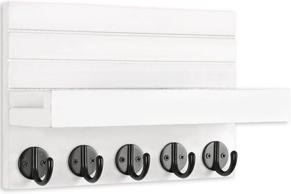 Lwenki Key Holder for Wall, Decorative Key and Mail Holder with Shelf Has Large Key Hooks for Bags, Coats, Umbrella – Paulownia Wood Key Hanger with Mounting Hardware (Black)