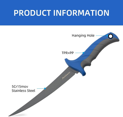 8 Inch Fishing Fillet Knife, Professional Level Knives for Filleting Fish and Boning Meat, Sharp Stainless-Steel Non-Stick Coating Blade, Non-Slip Handles, with 1 Two Stage Knife Sharpener