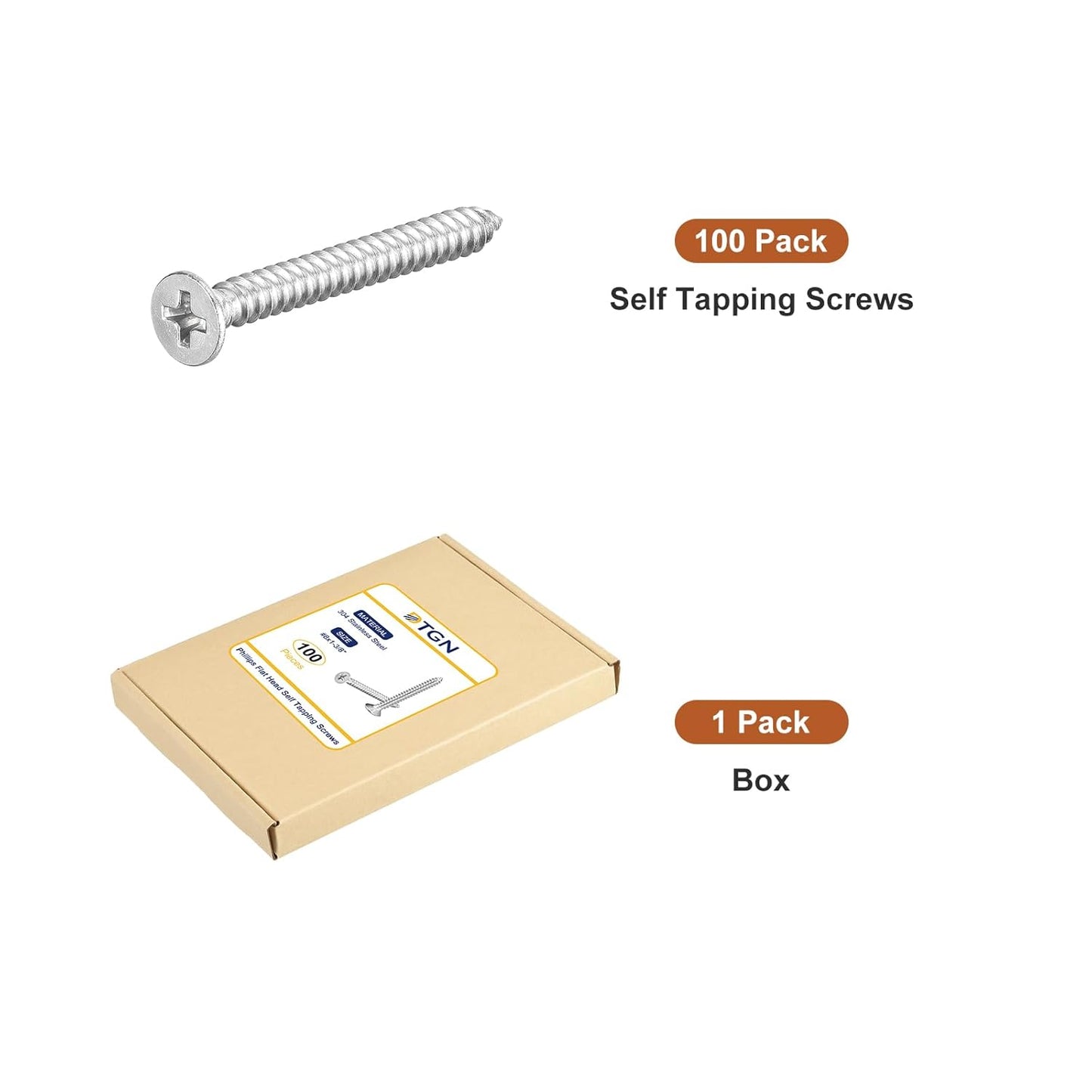 DTGN 100Pcs #8x1 Flat Head Wood Screws, 304 Stainless Steel Phillips Self Tapping Screws - Good for Woodworking, Furniture - Silver