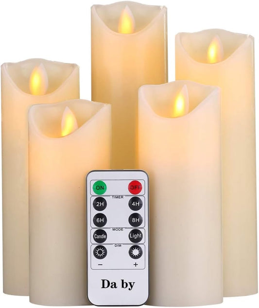 Flameless Candles Da by 5" 6" 7" 8" 9" Set of 5 Realistic Dancing LED Flickering Wick for Parties,Home,Public Elegant Events, Battery Powered, 10-Key Remote Control, Ivory Color