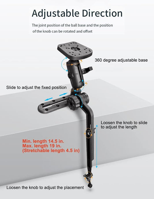 Kayak/SUP Fish Finder Mount with 1.5'' Universal Plate Ball Base, Transducer Mount Arm with Track for Marine Electronics, Compatible with Garmin, Lowrance, Humminbird, Scotty Fish Finder - PuriLite