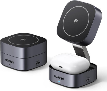 UGREEN MagFlow 15W Qi2 Magnetic Wireless Charging Station, Fast Charger Station Compatible for Magsafe Charger Stand, for iPhone 16/15/14/13 Series, Airpods Pro/4/3/ 2(No AC Adapter)