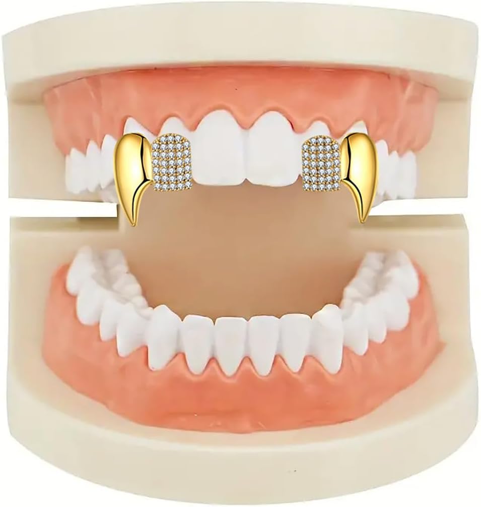 Gothic Vampire Diamond Grills Teeth Grillz Diamond Grills for Your Teeth 18k Gold Plated Double Tooth Grizz Caps Vampire Bat Fang Iced Out CZ Diamonds Grills Gothic Halloween Cosplay Party Jewelry for