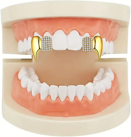 Gothic Vampire Diamond Grills Teeth Grillz Diamond Grills for Your Teeth 18k Gold Plated Double Tooth Grizz Caps Vampire Bat Fang Iced Out CZ Diamonds Grills Gothic Halloween Cosplay Party Jewelry for