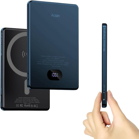 Acsin Magnetic Portable Charger Ultra Slim 5000mAh for Magnetic Battery Pack,Wireless Power Bank with LED Display 20W Two Way USB-C Charging for iPhone 16/16 Pro/16 Pro Max/15/14/13/12 Series (Blue)