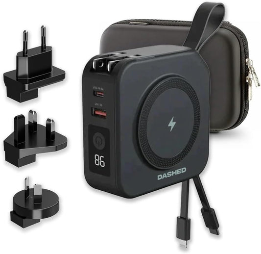 Travelpod 5-in-1 Travel Charger Power Bank - Global Compatibility, Wireless Charging, 10,000mAh - iPhone, AirPods, iPad, Watches, Samsung, Android - Includes 4 Universal Adapters (Black)