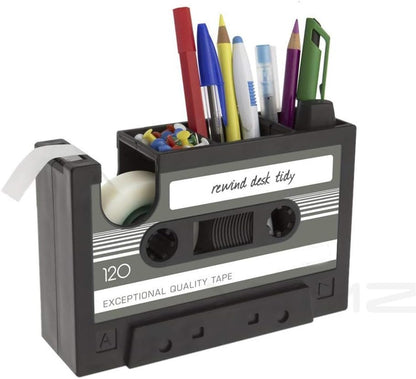 Creative Adhesive Tape Pen Holder Case, Retro Cassette Tape Dispenser Vase Brush Pot, Popular Pencil Desk Collection Tidy Organizer, Office Stationery Storage Container- Unique Gift (gray)
