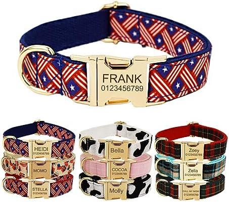 Custom Dog Collar with Metal Buckle - Pet Collars Personalized with Name and Phone Number (Plaid)