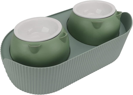 Elevated Cat Bowls, Double Ceramic Pet Bowls Cat Food and Water Set Elevated Feeding Station Ceramic Pet Dish Feeder for Kitten and Small Dogs, (Green [Cheongsam Meow] Green Bottom)