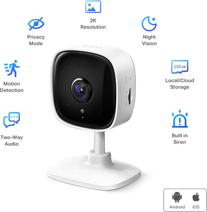 TP-Link Tapo 2K Indoor Home Security WiFi Camera, Up to 30ft Night Vision, Privacy Mode, Sound & Light Alarm, Up to 512 GB microSD Card Slot, Two-Way Audio, Works w/Alexa and Google (Tapo C110)