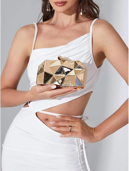 Clutch Purses for Women Lattice Pattern Metal Handbag Chain Geometric Evening Bag for Women