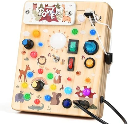 Joyreal Montessori Busy Board Wooden Sensory Toys for Toddler with LED Light Up Switch, Baby Fidget Board Travel Toys for 18+ Months, Boys Girls Birthday