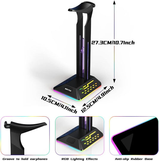RGB Headphone Stand with USB Charging Ports | Gaming Headset Holder with Multi Light Modes for Desk Setup
