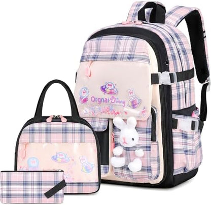FIXITOK Girls Backpack Set, 3PCS Kids Backpack for Girls, Kawaii Bunny School Backpacks for Girl Kindergarten Elementary Preschool Middle School Bags with Lunch Box Pencil Case Aquamarine
