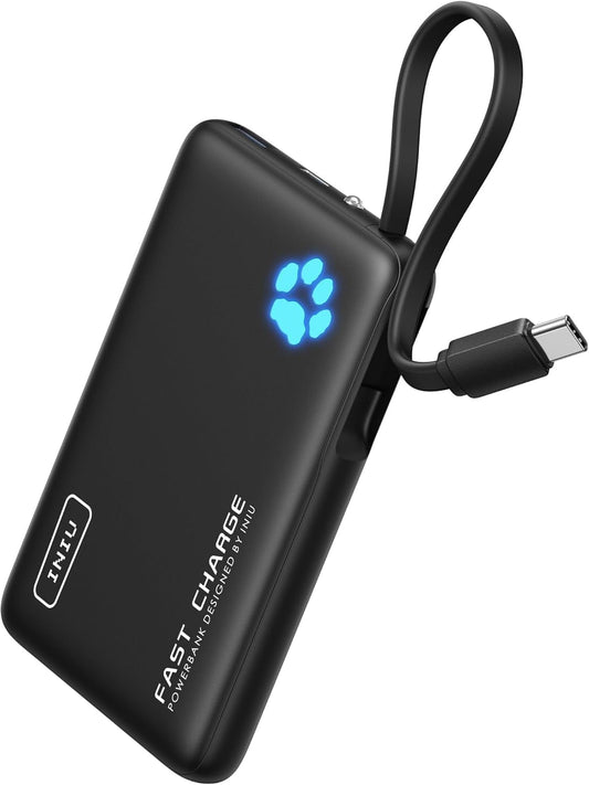 INIU 45W Portable Charger, Slimmest 10000mAh Power Bank with Build in USB C Cable, Fast Charging PD USB C in&Out Battery Pack, External Phone Charger for iPhone 16 15 Samsung S23 S22 Google iPad etc