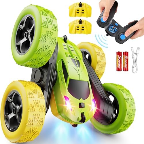 QUNREDA Remote Control Car for Kids Ages 6+, RC Cars Stunt Car Toy 4WD Double Sided 360° Rotating Remote Control with Headlights, Birthday Xmas Gifts for Boys 6 7 8 9 10 11 12 1-Blue