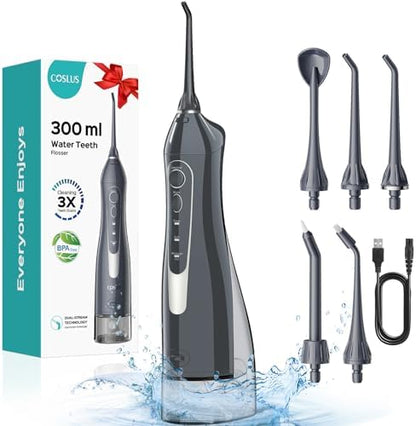 COSLUS Water Teeth Flosser: 300ML Cordless Electric Water Tooth Flossing Rechargeable IPX7 Waterproof Portable Travel Flossers Set for Teeth