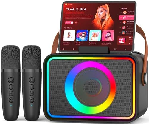 Portable Bluetooth Karaoke Player with 2 Wireless Microphones Karaoke Machine for Adults & Kids Toys with LED, Home Karaoke Stystem Packages Supports USB/TF/AUX,Gift for Party (Black)