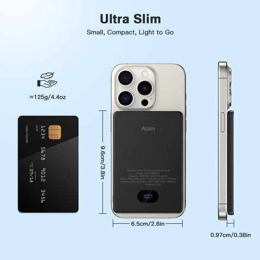 Acsin Magnetic Portable Charger Ultra Slim 5000mAh Battery Pack,Wireless Power Bank with LED Display 20W Two Way USB-C Charging for iPhone 16/16 Pro/16 Pro Max/15/14/13/12 Series (Black)