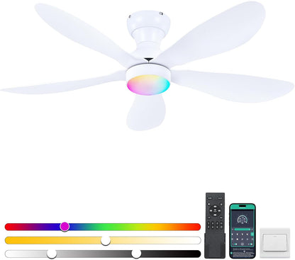 Modern Ceiling Fans with Lights Remote/APP Control, 29" Flush Mount Ceiling Fans with 3 CCT Dimmable Lights, Low Profile Ceiling Fans with 5 Propeller Blades LED Lights for Kids Room Bedroom, Brown - PuriLite
