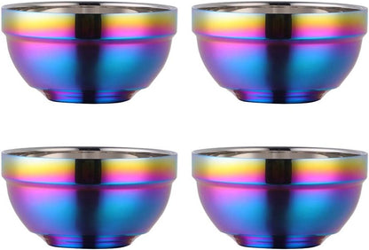304 Stainless Steel Bowl Set of 4, Double-Walled Heat Insulation Anti-Scalding Kitchen Soup Bowls, Drop Resistance Children Bowl Salad Bowl Set for Mixing (Large, Rainbow)