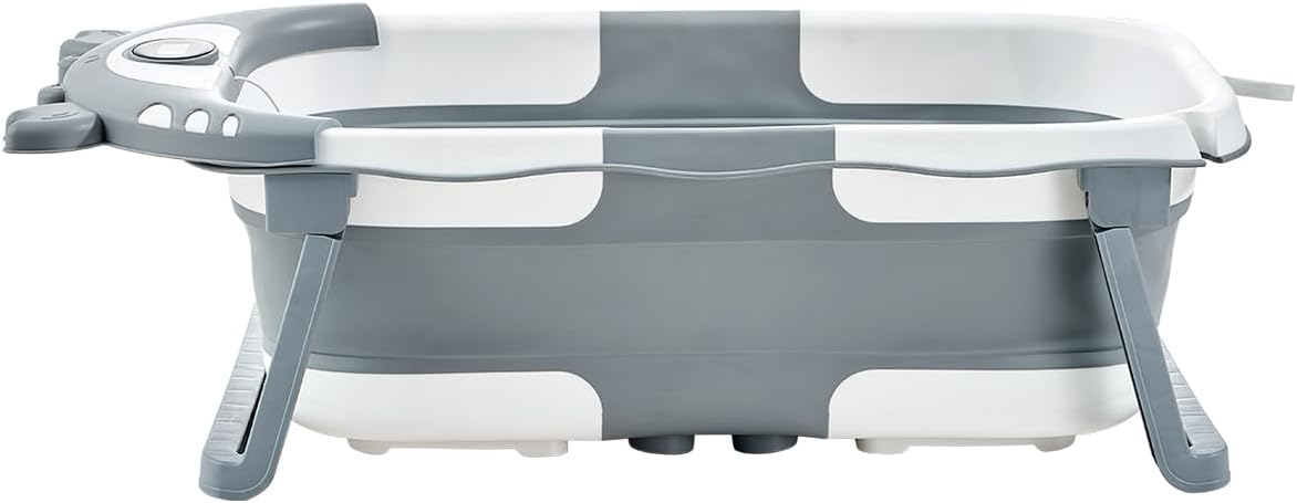 VEVOR Baby Bathtub, 5 Gal Capacity, Collapsible Baby Bath Tub with Thermometer and Soft Cushion, Durable & Portable Grey Bathtub with Showerhead Holder & Drainage Hole, Fit for 0-24 Months Toddlers