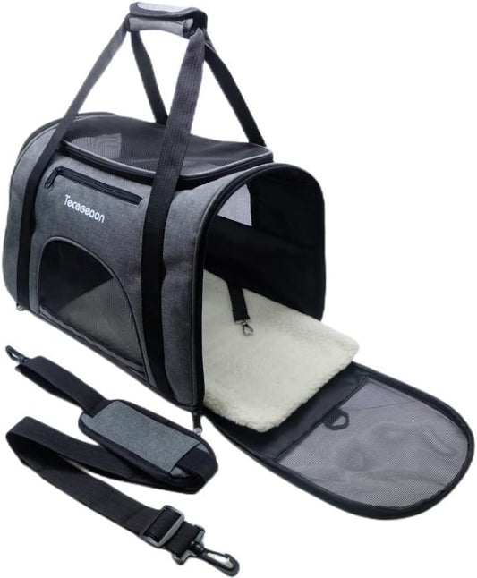Tecageaon soft Pet Carrier Cat Carrier Dog Carrier for Small Dogs Cats Kitten Dogs Puppies,Escape-Proof,Airline Approved for Travel ,Breathable,5 Mesh Windows (Medium, Grey)