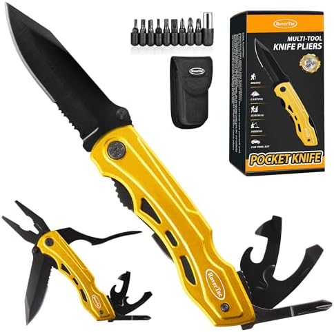 RoverTac Pocket Knife Tactical Folding Knife Multi Tool Survival Camping Knife, Multitool Knife Pliers Bottle & Can Opener 9-Pack Screwdrivers Liner Lock Nylon Sheath, Pocket Knife for Camping Hiking