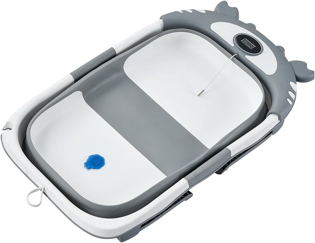 VEVOR Baby Bathtub, 5 Gal Capacity, Collapsible Baby Bath Tub with Thermometer and Soft Cushion, Durable & Portable Grey Bathtub with Showerhead Holder & Drainage Hole, Fit for 0-24 Months Toddlers