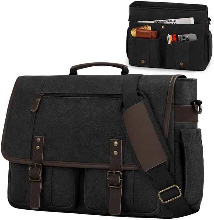 RAINSMORE Canvas Messenger Bag Men 17-17.3 Inch Laptop Bag Computer Briefcase Water Resistant Satchel Bag for Men Work Office - PuriLite