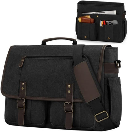 RAINSMORE Canvas Messenger Bag Men 17-17.3 Inch Laptop Bag Computer Briefcase Water Resistant Satchel Bag for Men Work Office - PuriLite