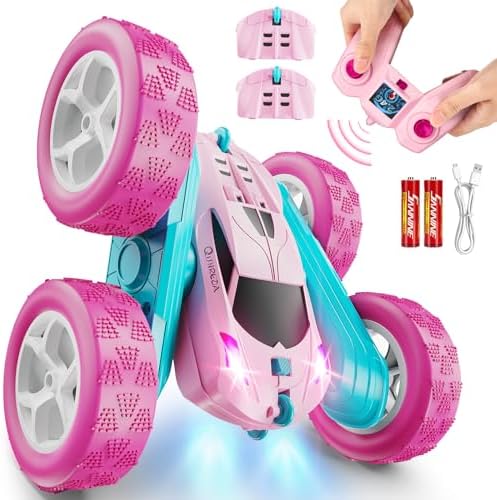 QUNREDA Remote Control Car for Kids Ages 6+, RC Cars Stunt Car Toy 4WD Double Sided 360° Rotating Remote Control with Headlights, Birthday Xmas Gifts for Boys 6 7 8 9 10 11 12 1-Blue