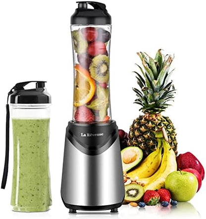La Reveuse Smoothies Blender Personal Size 300 Watts with 2 Pieces 18 oz BPA Free Portable Travel Sports Bottles (Silver 2 Cups)