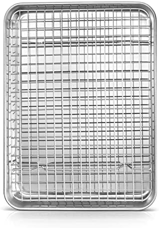 17.5 Inch Baking Sheet Pan with Rack Set, Joyfair Stainless Steel Half Size Oven Cookie Sheet Tray with Cooling Rack, Non-Toxic & Heavy Duty, Mirror Finishes &Easy Cleaning - (1 Pan + 1 Rack)