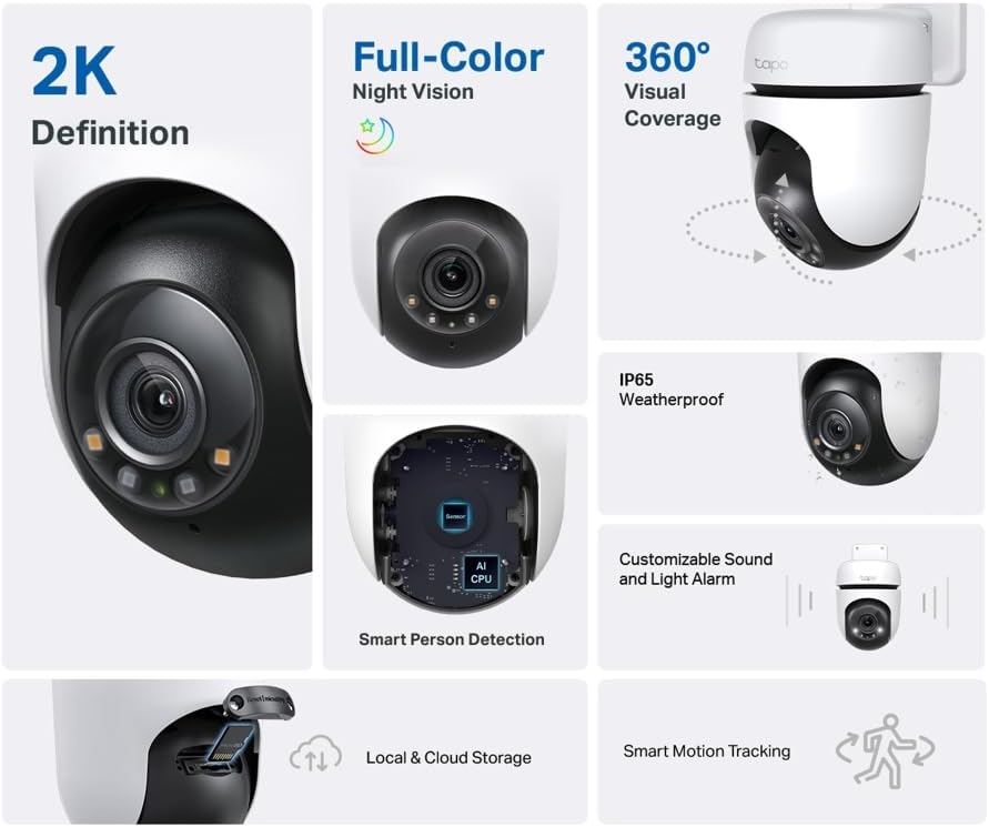 TP-Link Tapo 2K QHD Pan/Tilt Outdoor Wired Security Wi-Fi Camera, 360° Visual Coverage, Starlight Full-Color Night Vision Up to 98ft, Person/Pet/Venicle Detection,Physical Privacy Mode(Tapo C520WS)