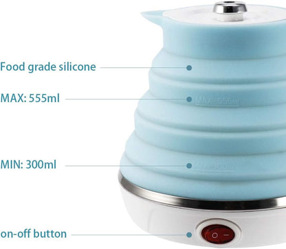120V 555ML Ultrathin Travel Foldable Electric Kettle with Separable Power Cord and Handle, Boil Dry Protection, Food Grade Silicone
