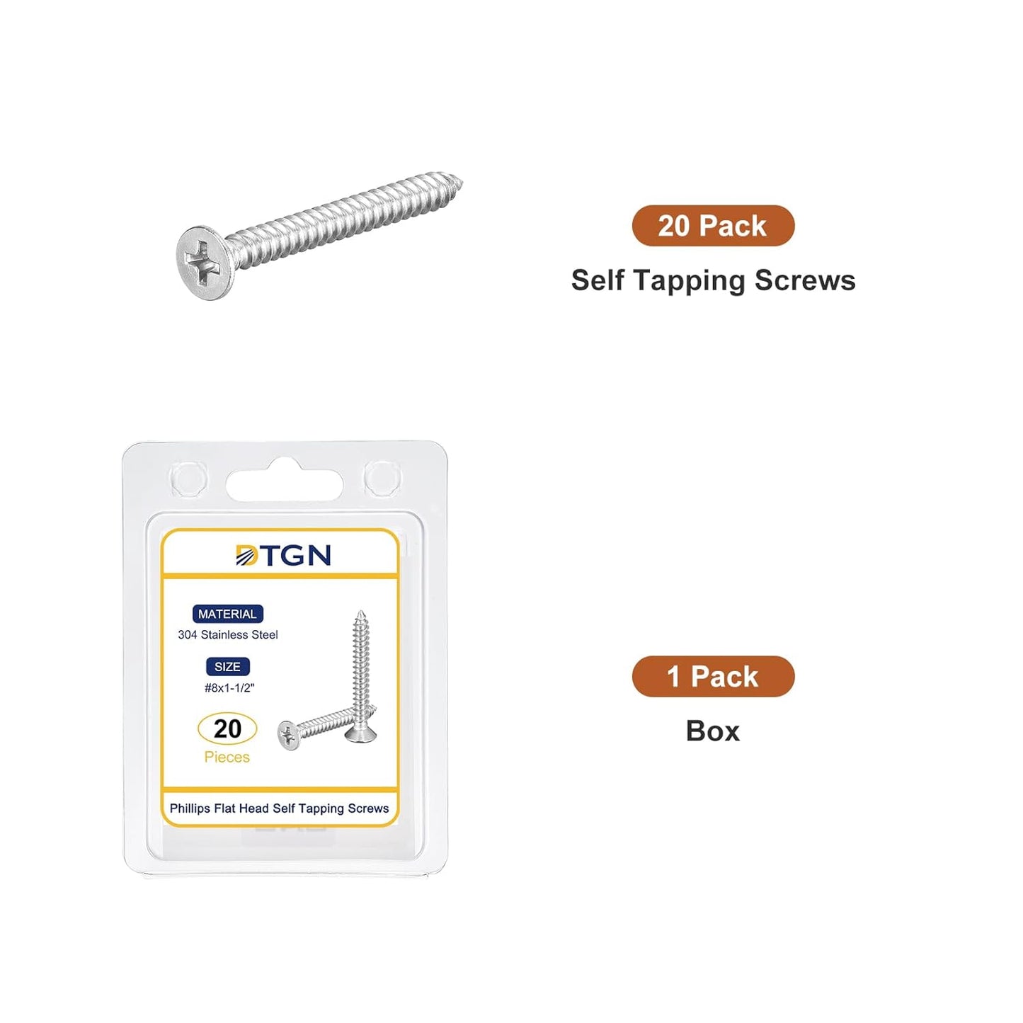 DTGN 100Pcs #8x1 Flat Head Wood Screws, 304 Stainless Steel Phillips Self Tapping Screws - Good for Woodworking, Furniture - Silver
