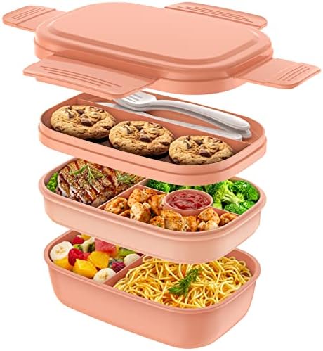 Bento Box Adult - 3 Layers Stackable Lunch Containers for Adults & Kids, 72oz Large Salad Containers for Lunch with Utensil Sauce Dressing Containers for Dining Out,Work,Pink