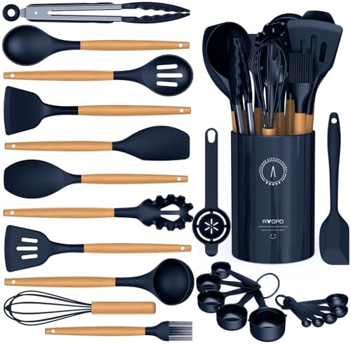 Silicone Cooking Utensils Set - Silicone Kitchen Utensils for Cooking Wooden Handles, 446°F Heat Resistant Kitchen Utensil Spatula Sets w Holder, Gadgets for Non-Stick Cookware BPA Free (Black)