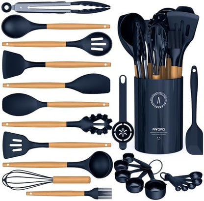 Silicone Cooking Utensils Set - Silicone Kitchen Utensils for Cooking Wooden Handles, 446°F Heat Resistant Kitchen Utensil Spatula Sets w Holder, Gadgets for Non-Stick Cookware BPA Free (Black)