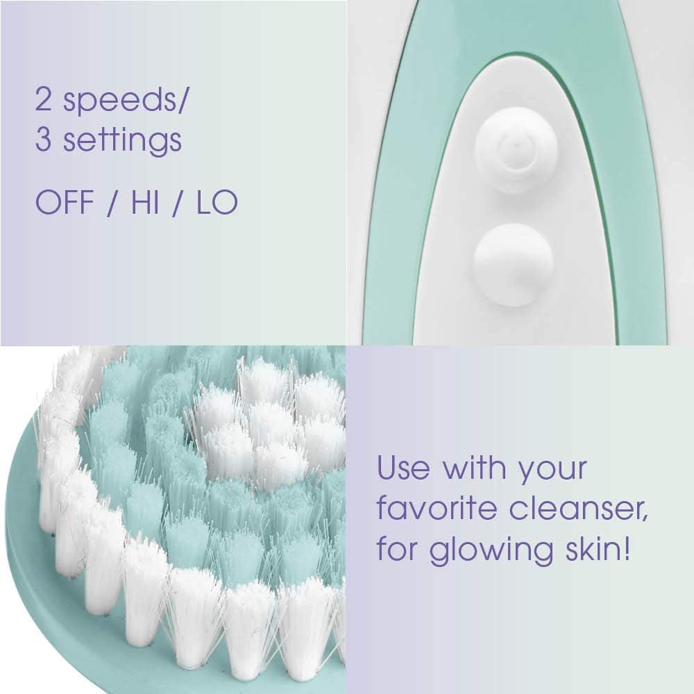 True Glow by Conair Battery Operated Facial Cleansing Brush, Water Resistant with 3 Brushes for cleansing + gentle exfoliating for all skin types, White
