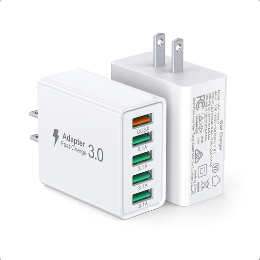 50W USB Wall Charger Block,2Pack 5-Port Charger Fast Charging Block QC 3.0 Multiport Box Brick Cube USB A Wall Plug for iPhone 16/15/14 Pro Max Plus, iPad,Galaxy, LG, Moto, Android Phones,AirPorts