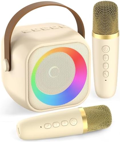 Karaoke Machine, Portable Bluetooth Karaoke Speaker with 2 Wireless Microphones and Party Lights for Kids and Adults, Birthday Gifts for Girls Boys Family Home Party (Beige2)