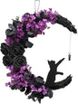 AZURAOKEY Halloween Wreath for Front Door Halloween Moon Cat Wreath Handmade Artificial Moon Cat Garland, Floral Cat Wreath Hanging Welcome Wreath Sign Halloween Decorations