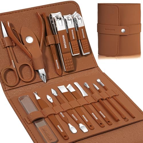 Manicure Set Professional Nail Clippers Pedicure Kit, 16 pcs Stainless Steel Nail Care Tools Grooming Kit with Luxurious Travel Leather Case for Thick Nails Men Women Gift (Black)